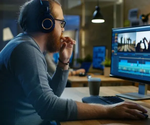 Person with headphones editing video on a computer, with a coffee cup nearby in a modern workspace.