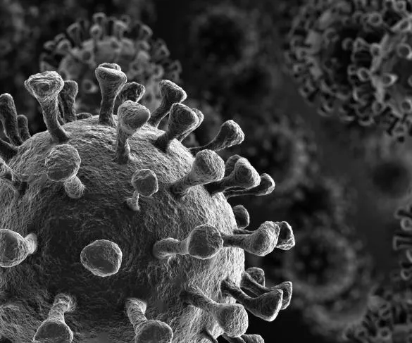 Close-up black and white image of a virus particle with spike proteins, similar to a coronavirus, against a blurred background of other particles.