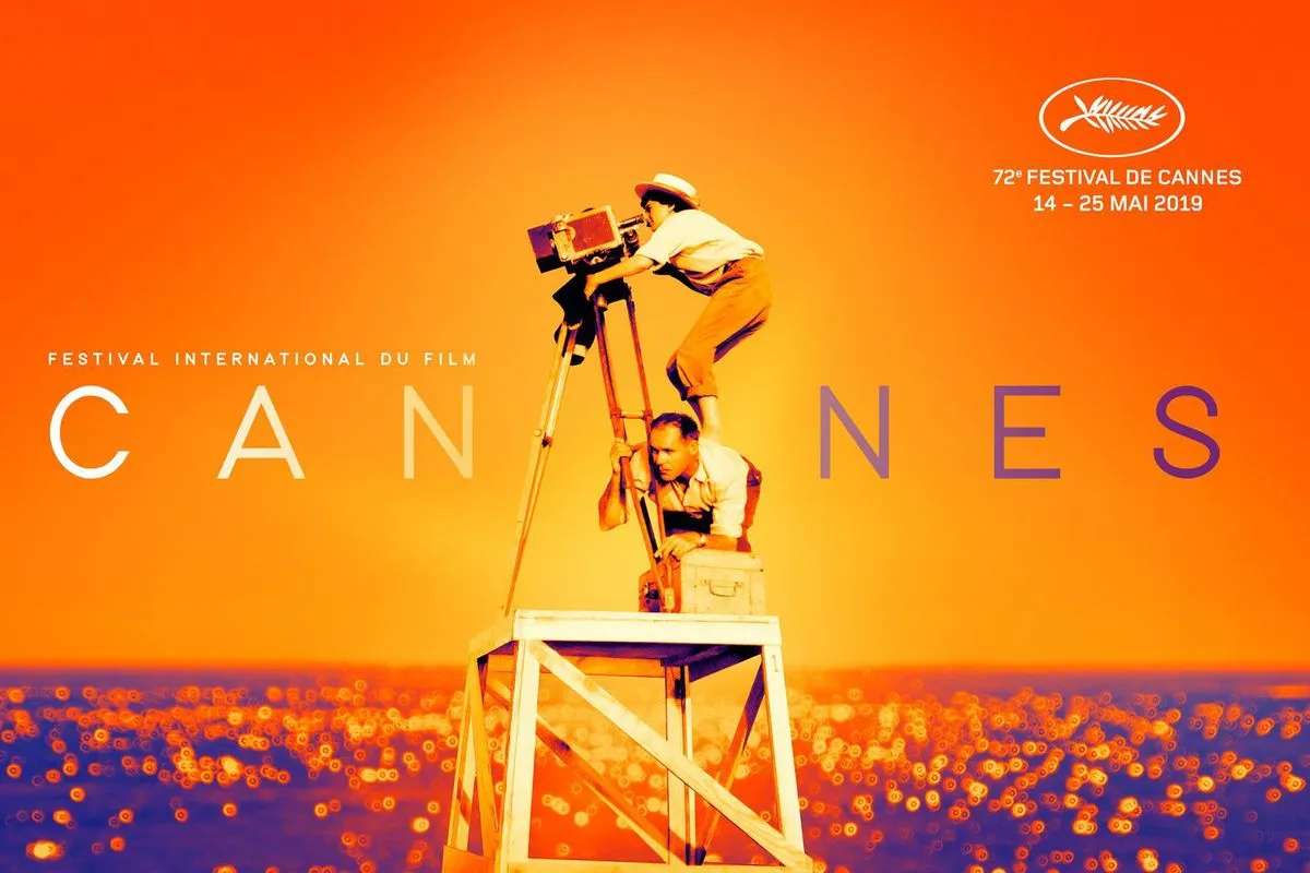 Poster for the 72nd Cannes Film Festival (May 14-25, 2019) featuring an orange background and a person operating a camera on a tripod.