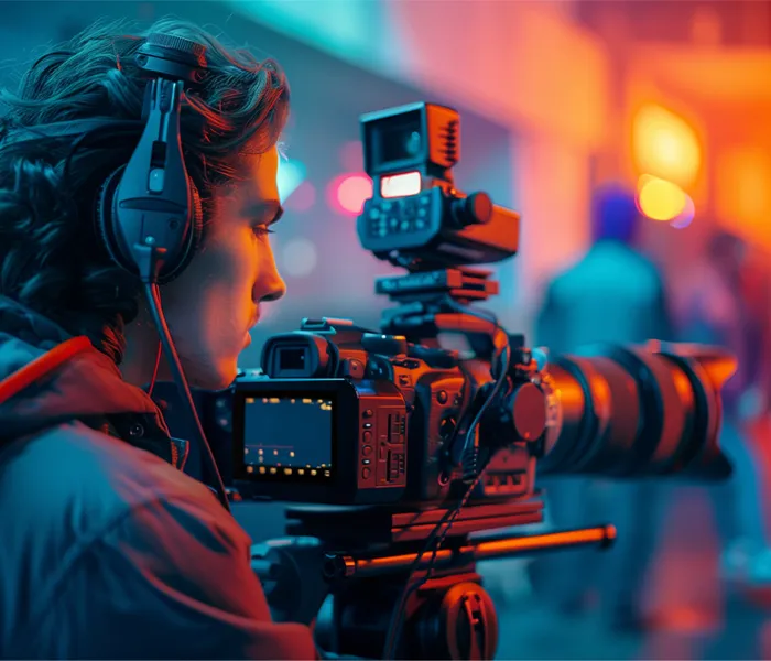 Person with headphones operating a camera rig in a brightly lit setting with blurred figures in the background.