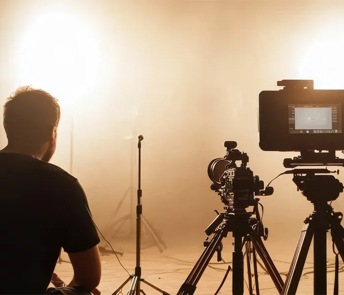 Person sitting in front of professional camera equipment with bright lights in a studio setting.