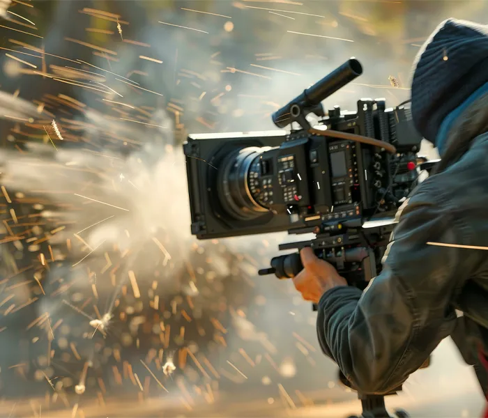 Cameraman filming an explosive scene with sparks flying around and smoke in the background.